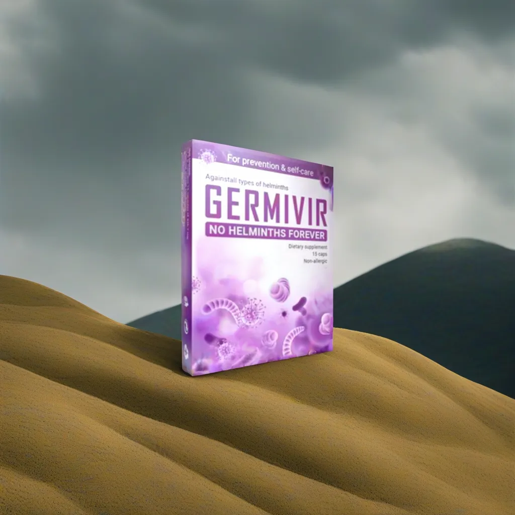 Натуралната есенция на Germivir, представена с опаковка в скута Опаковка на Germivir на естествен фон, символизираща органичната природа на продукта